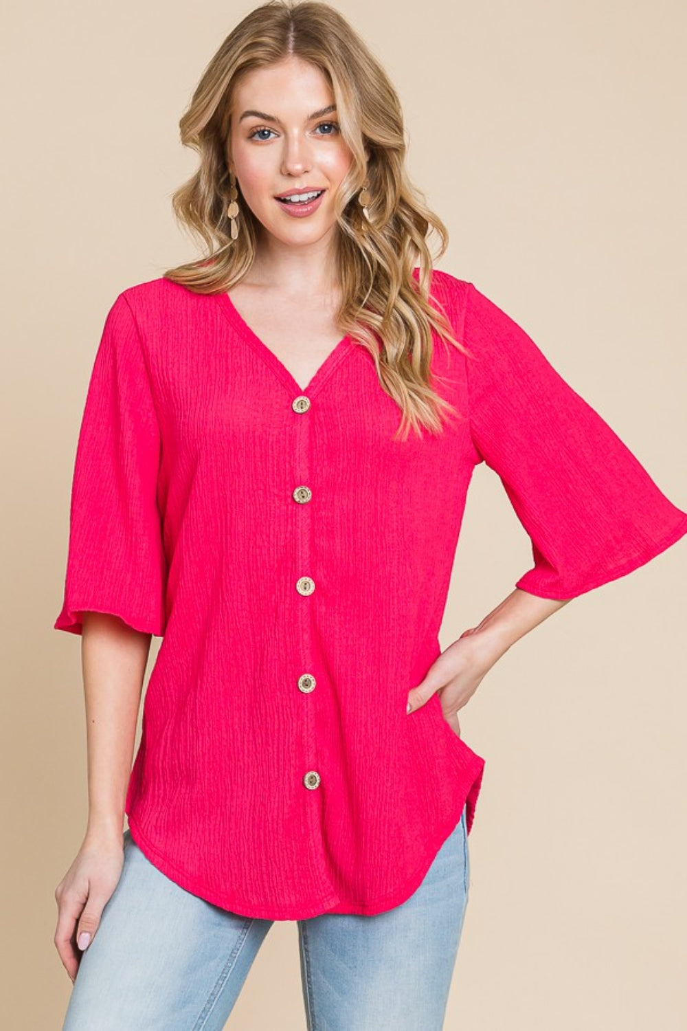 BOMBOM Texture Decorative Button V-Neck Top - Charming Charlie