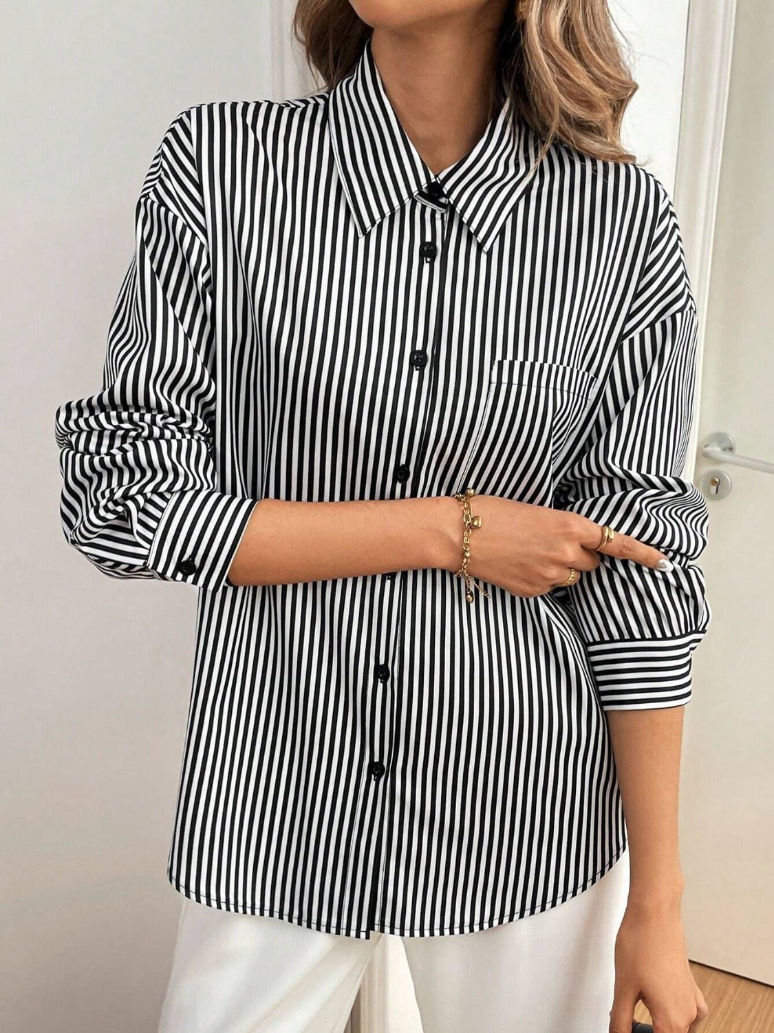 Cutout Bow Back Striped Collared Neck Long Sleeve Shirt - Charming Charlie