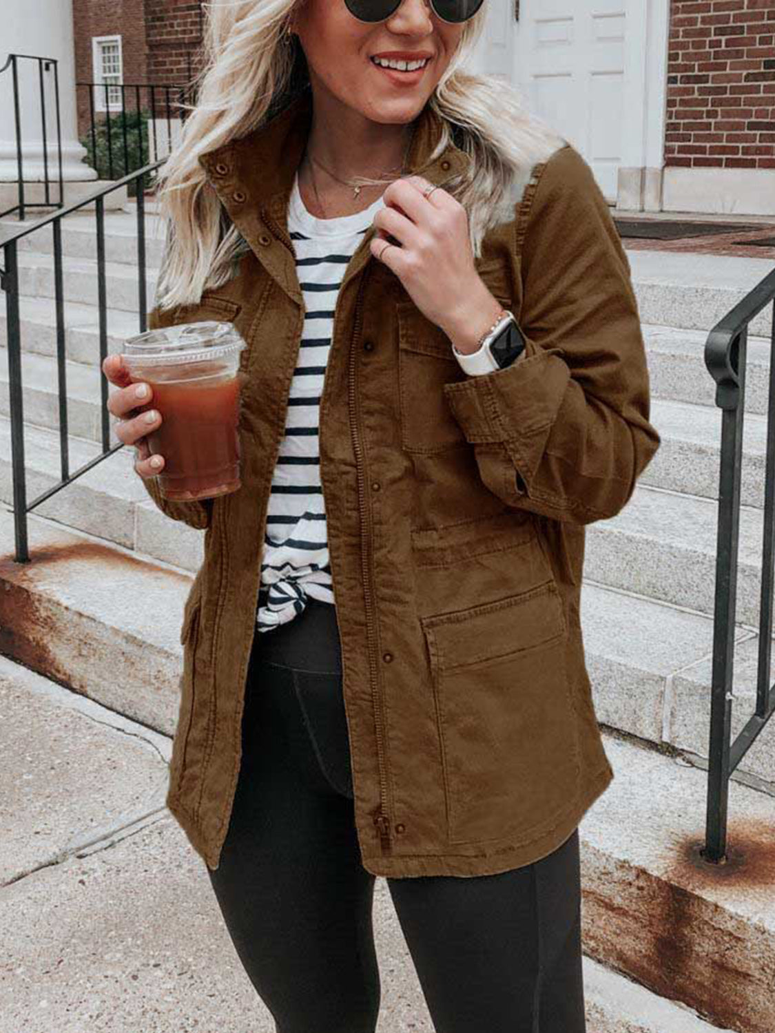 Pocketed Long Sleeve Zip Up Jacket - Charming Charlie
