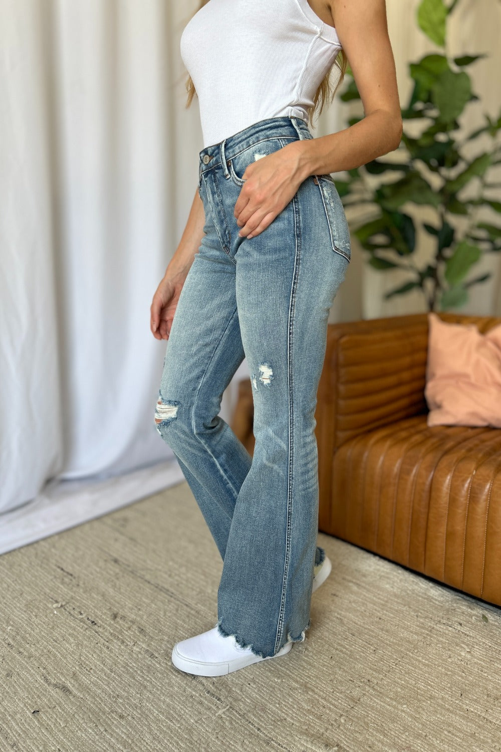 Judy Blue Full Size Medium Rise Tummy Control Destroy Flare - Charming Charlie