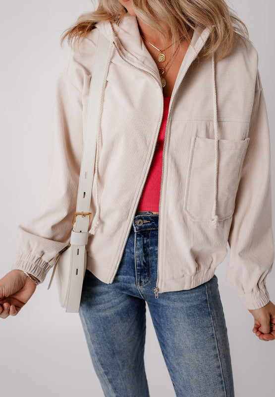 Pocketed Zip Up Long Sleeve Hooded Jacket - Charming Charlie
