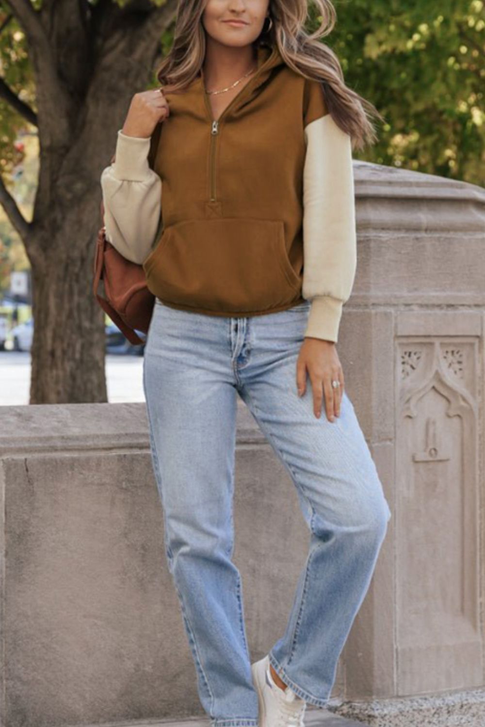 Contrast Half Zip Long Sleeve Hoodie - Charming Charlie