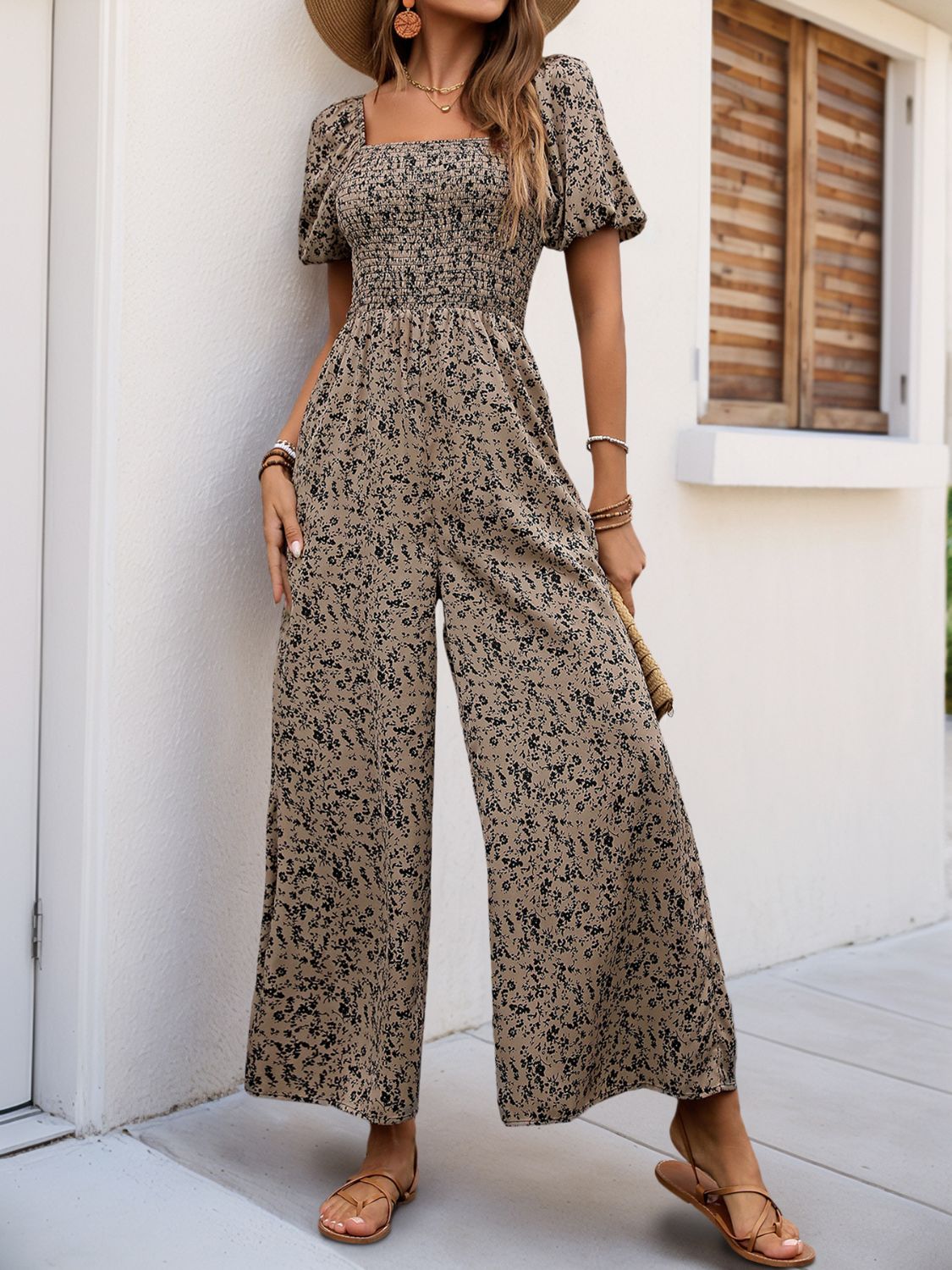 Perfee Smocked Printed Square Neck Puff Sleeve Jumpsuit - Charming Charlie