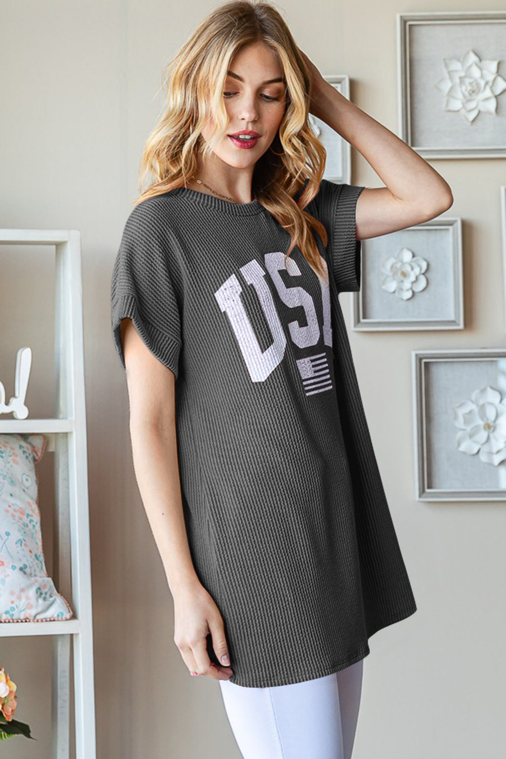 Heimish Full Size USA Graphic Short Sleeve Ribbed Top - Charming Charlie
