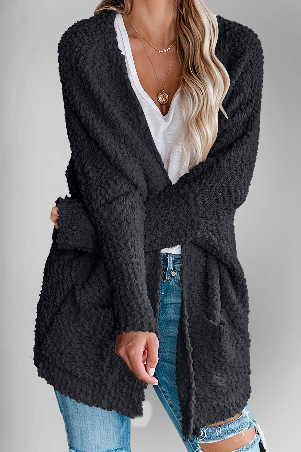Double Take Pocketed Open Front Long Sleeve Cardigan - Charming Charlie