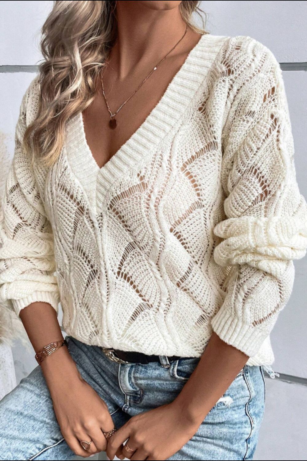 Openwork V-Neck Long Sleeve Sweater - Charming Charlie