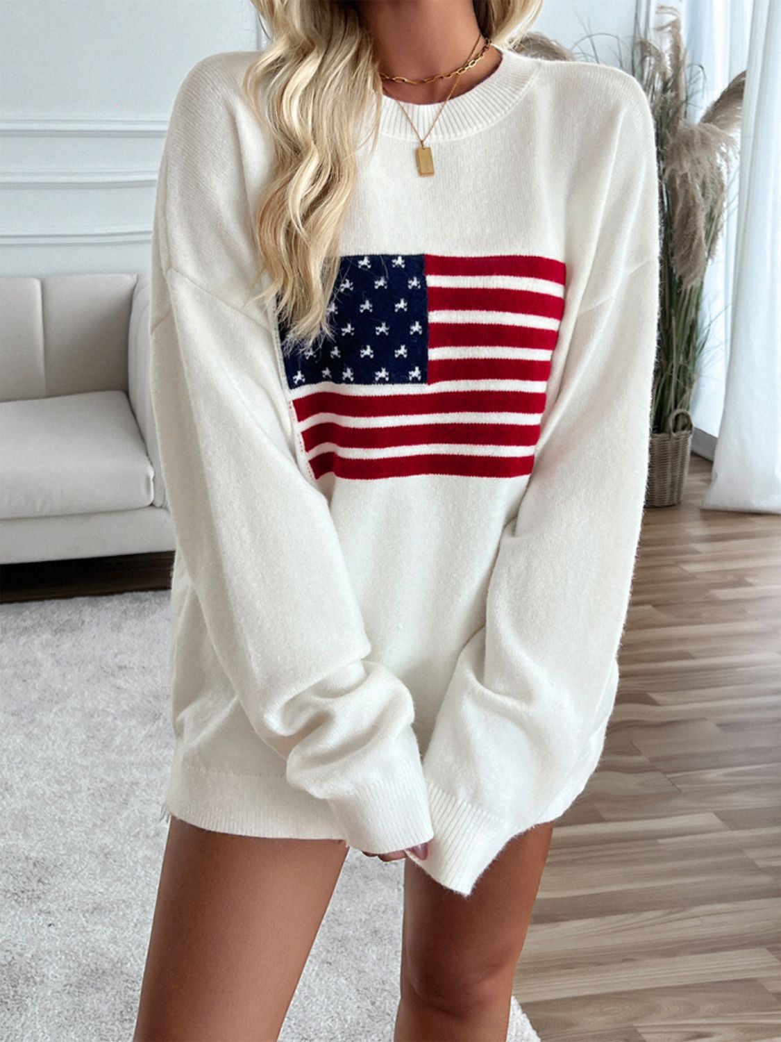 Devine US Flag Round Neck Long Sleeve Knit Top - Charming Charlie