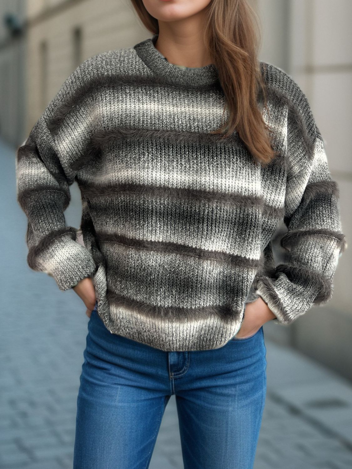Gradient Round Neck Dropped Shoulder Sweater - Charming Charlie