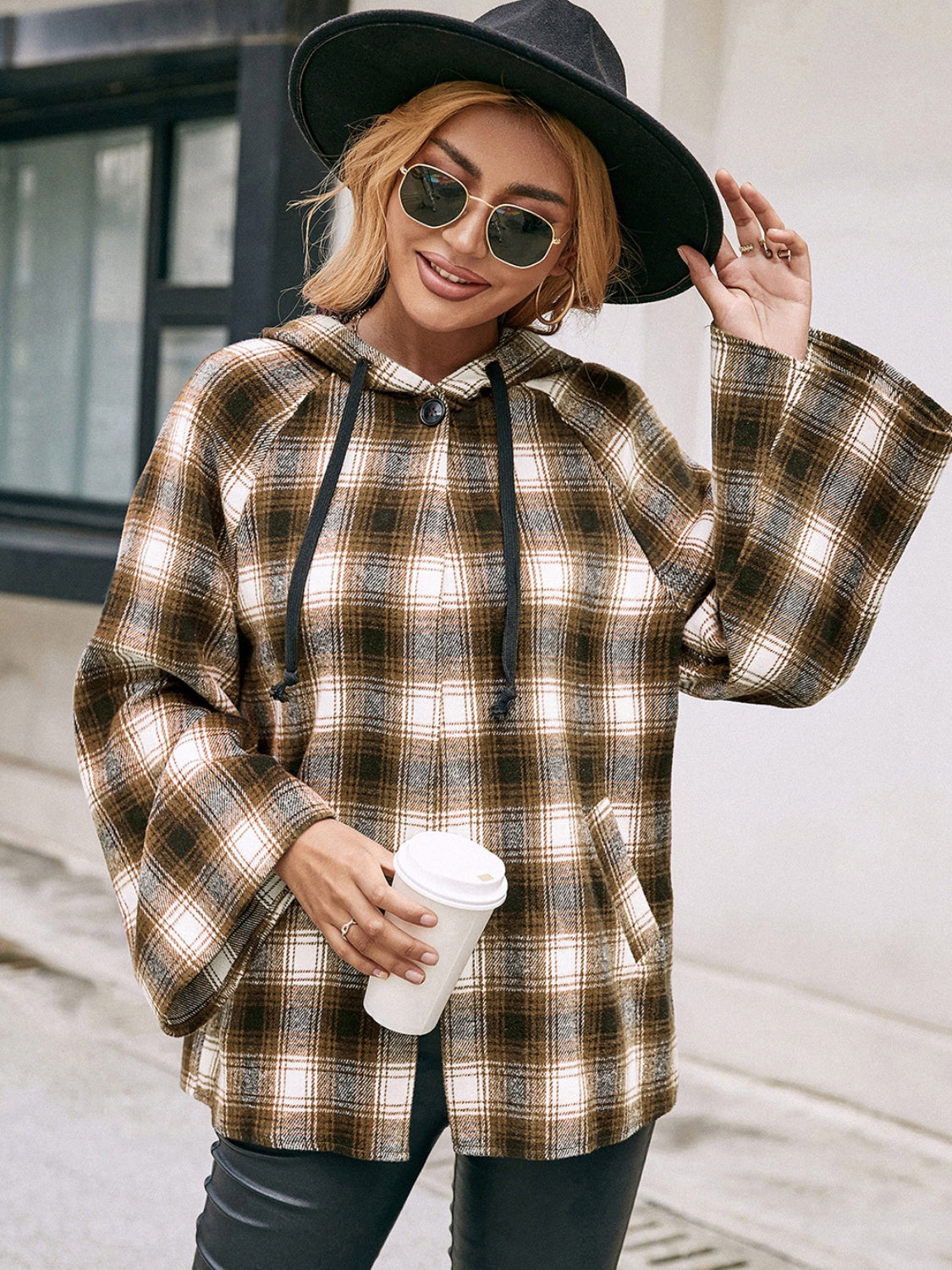 Pocketed Plaid Long Sleeve Hooded Jacket - Charming Charlie