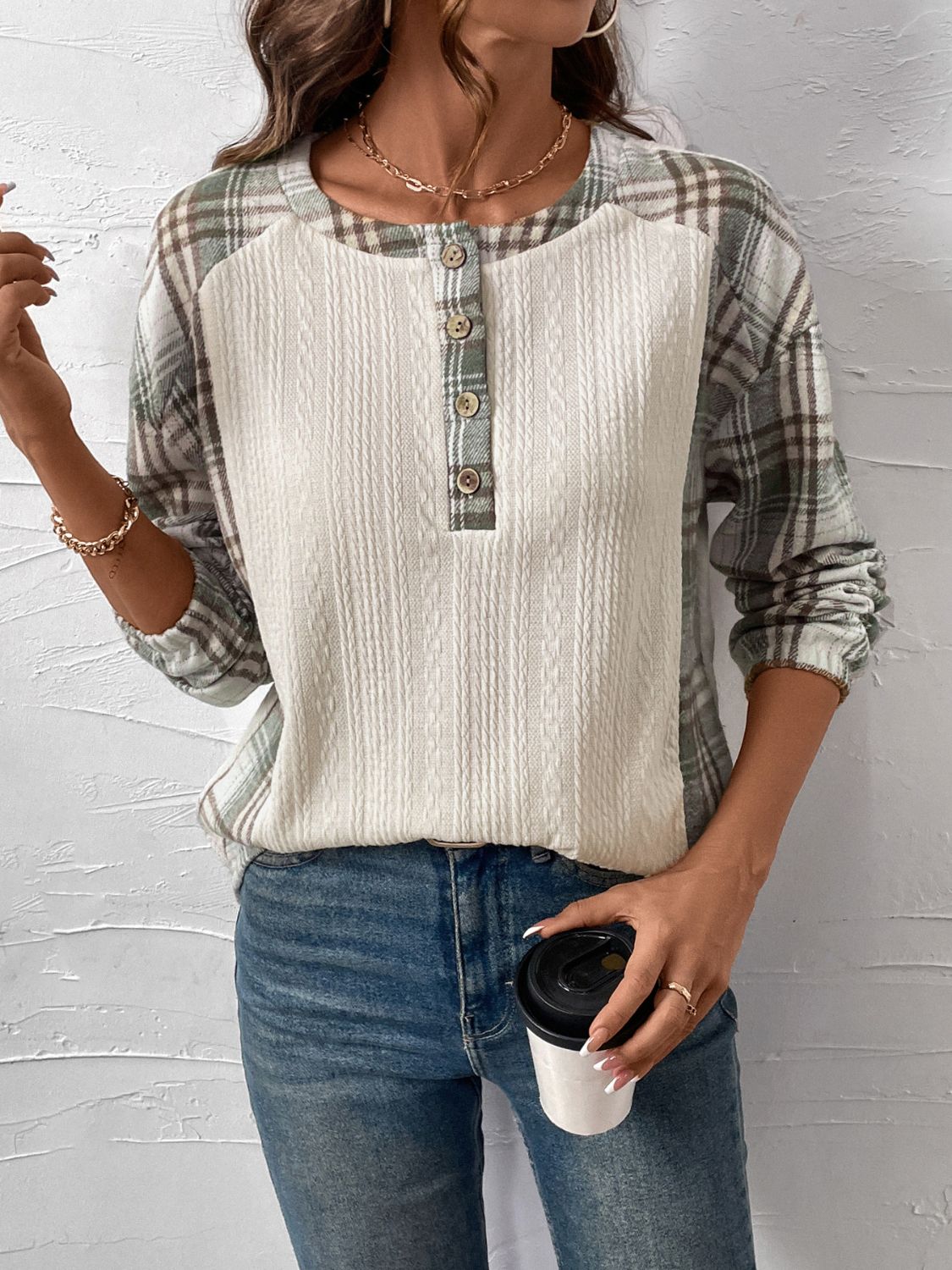 Perfee Plaid Half Button Long Sleeve T-Shirt - Charming Charlie