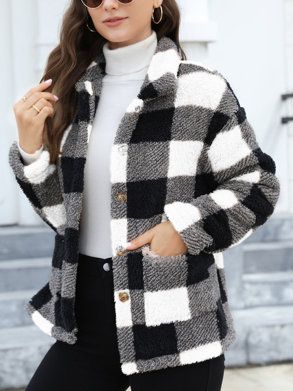 Button Up Drop Shoulder Fuzzy Jacket - Charming Charlie