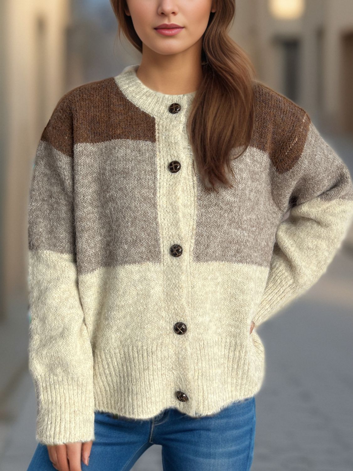 Color Block Round Neck Button Up Cardigan - Charming Charlie