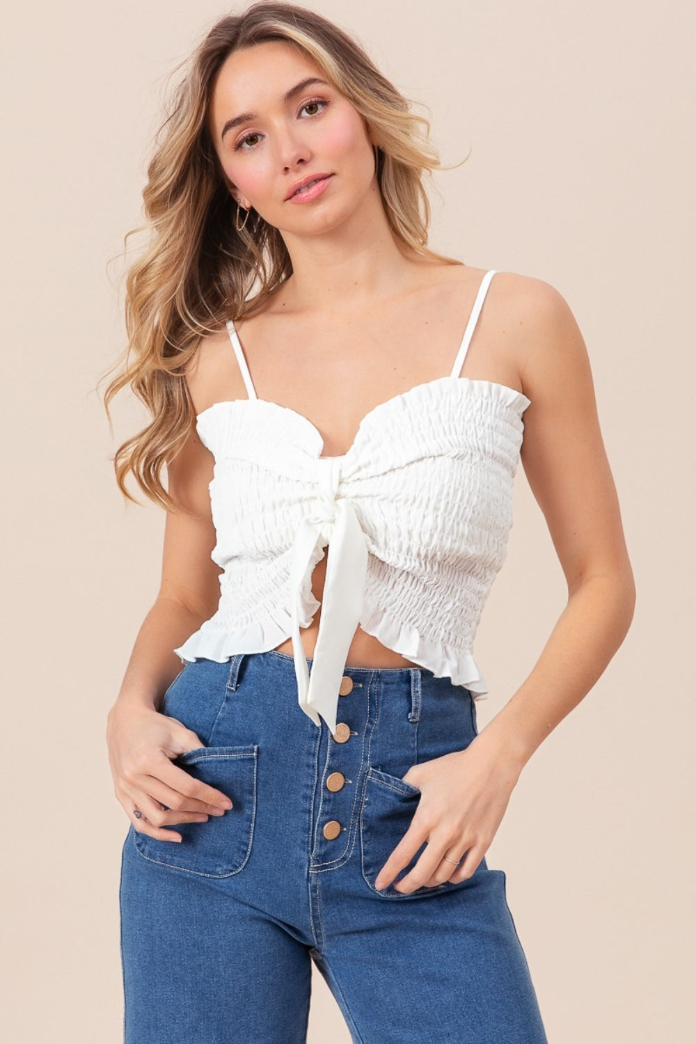 BiBi Ruffled Smocked Ribbon Detail Cami - Charming Charlie