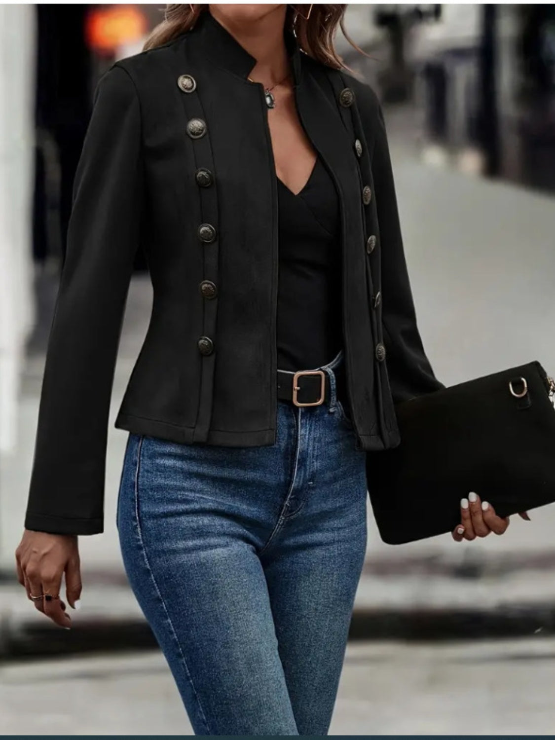 Decorative Button Open Front Long Sleeve Jacket - Charming Charlie