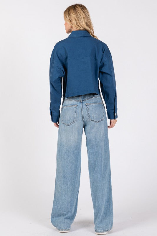 bytos Button Down Cropped Denim Jacket with Patch Pockets - Charming Charlie
