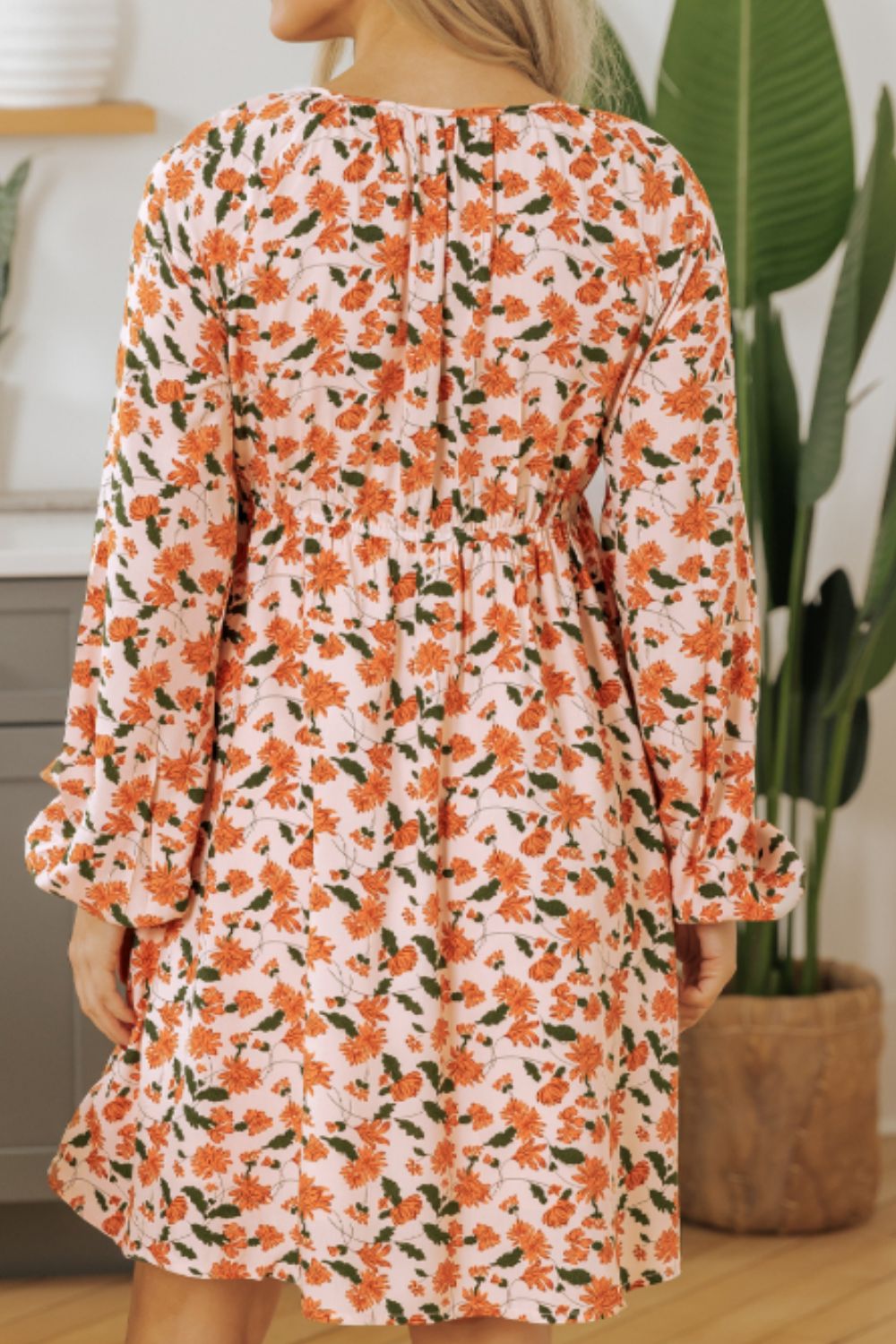 Smocked Printed V-Neck Long Sleeve Dress - Charming Charlie