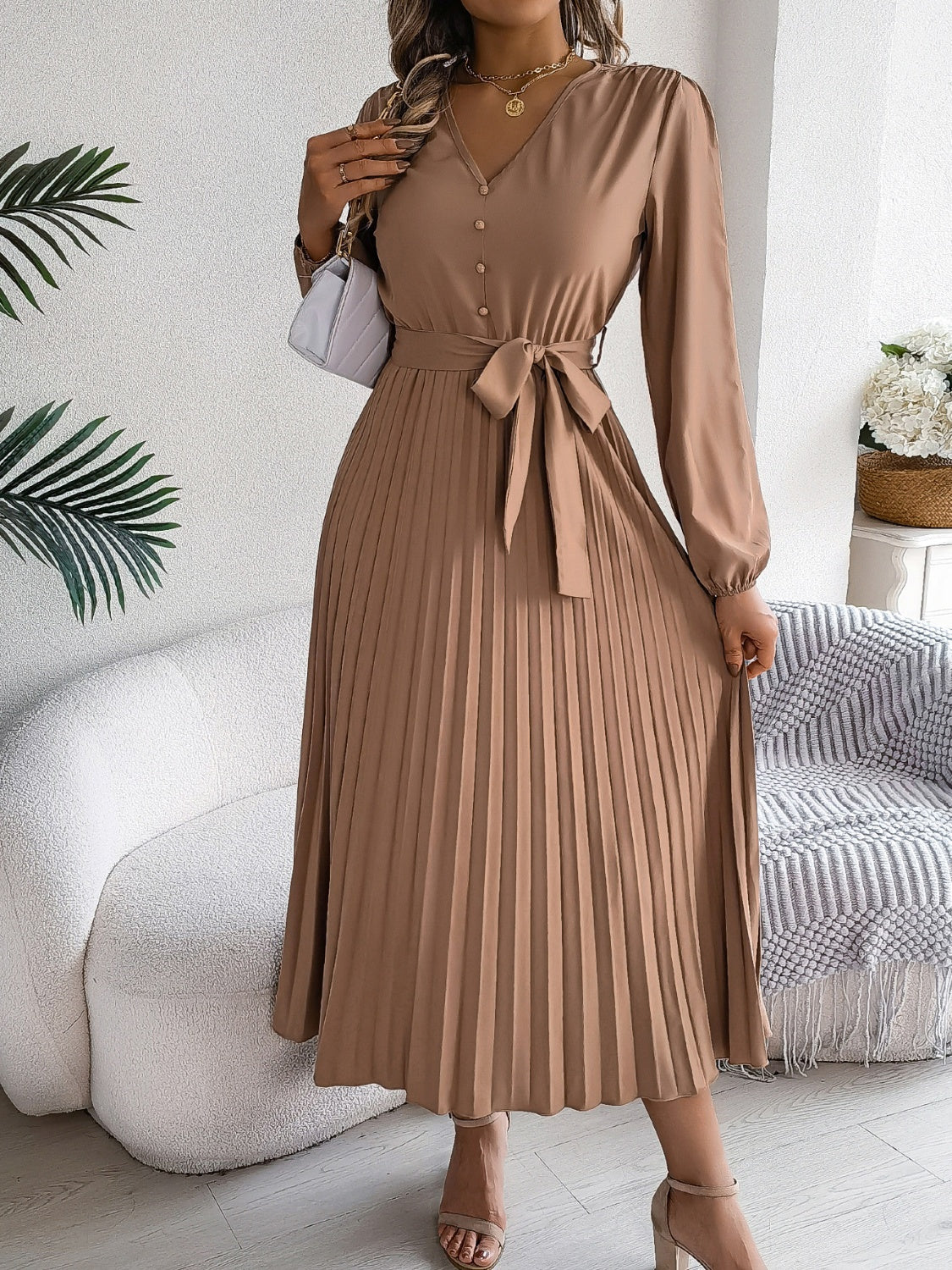 Pleated Tied V-Neck Long Sleeve Dress - Charming Charlie