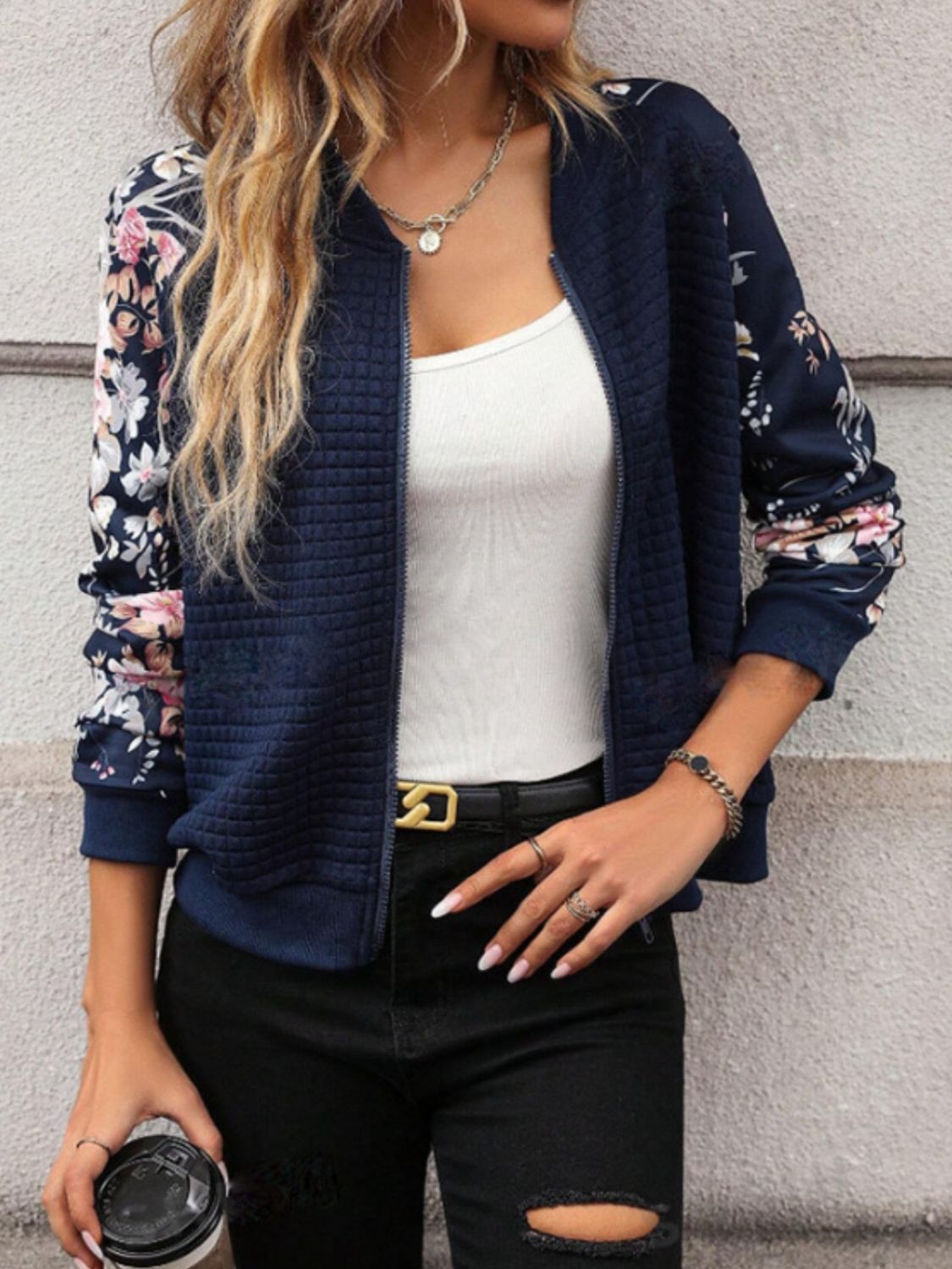 Printed Zip Up Long Sleeve Jacket - Charming Charlie