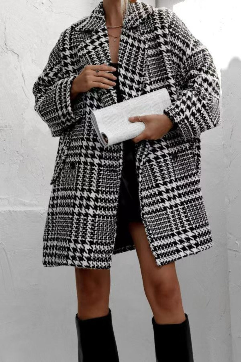 Houndstooth Collared Neck Long Sleeve Coat with Pockets - Charming Charlie