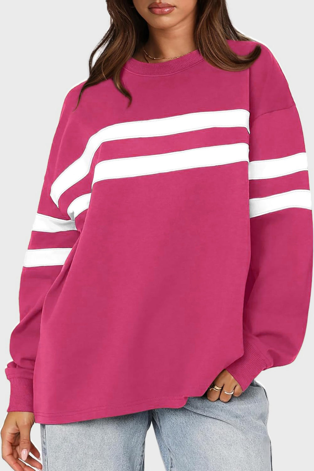 Lovelet Striped Round Neck Dropped Shoulder Sweatshirt - Charming Charlie