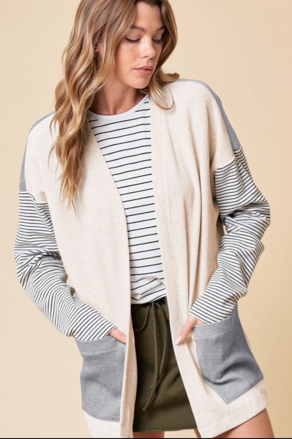 Open Front Long Sleeve Striped Cardigan with Pockets - Charming Charlie