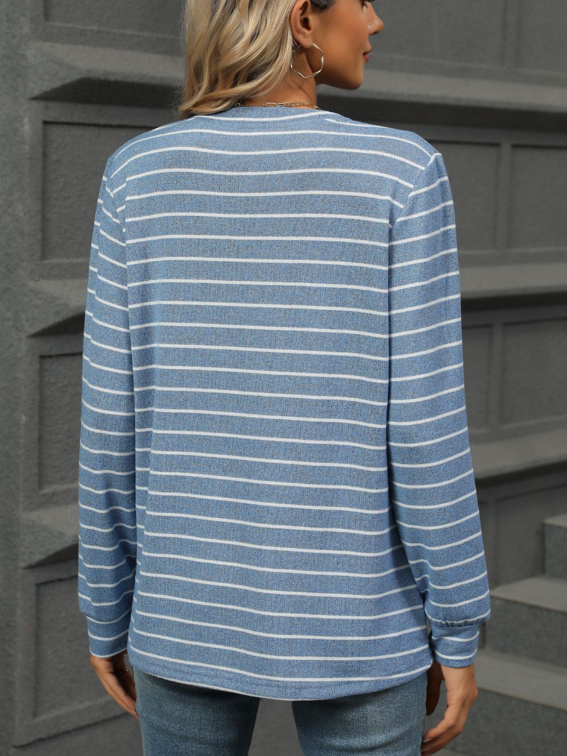 Striped Notched Long Sleeve T-Shirt - Charming Charlie