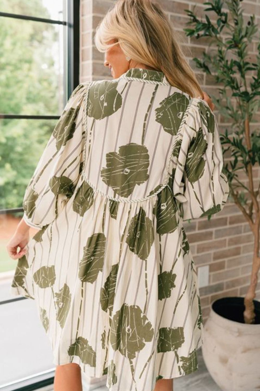 Printed Tie Neck Three-Quarter Sleeve Mini Dress - Charming Charlie
