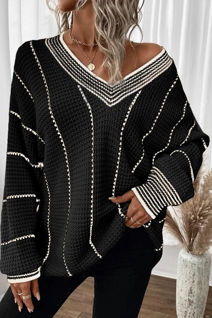 Striped V-Neck Long Sleeve Sweater - Charming Charlie
