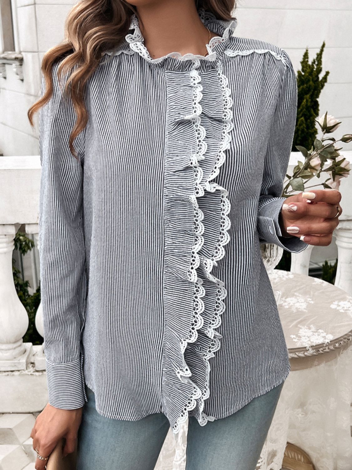 Lace Detail Ruffled Round Neck Long Sleeve Shirt - Charming Charlie