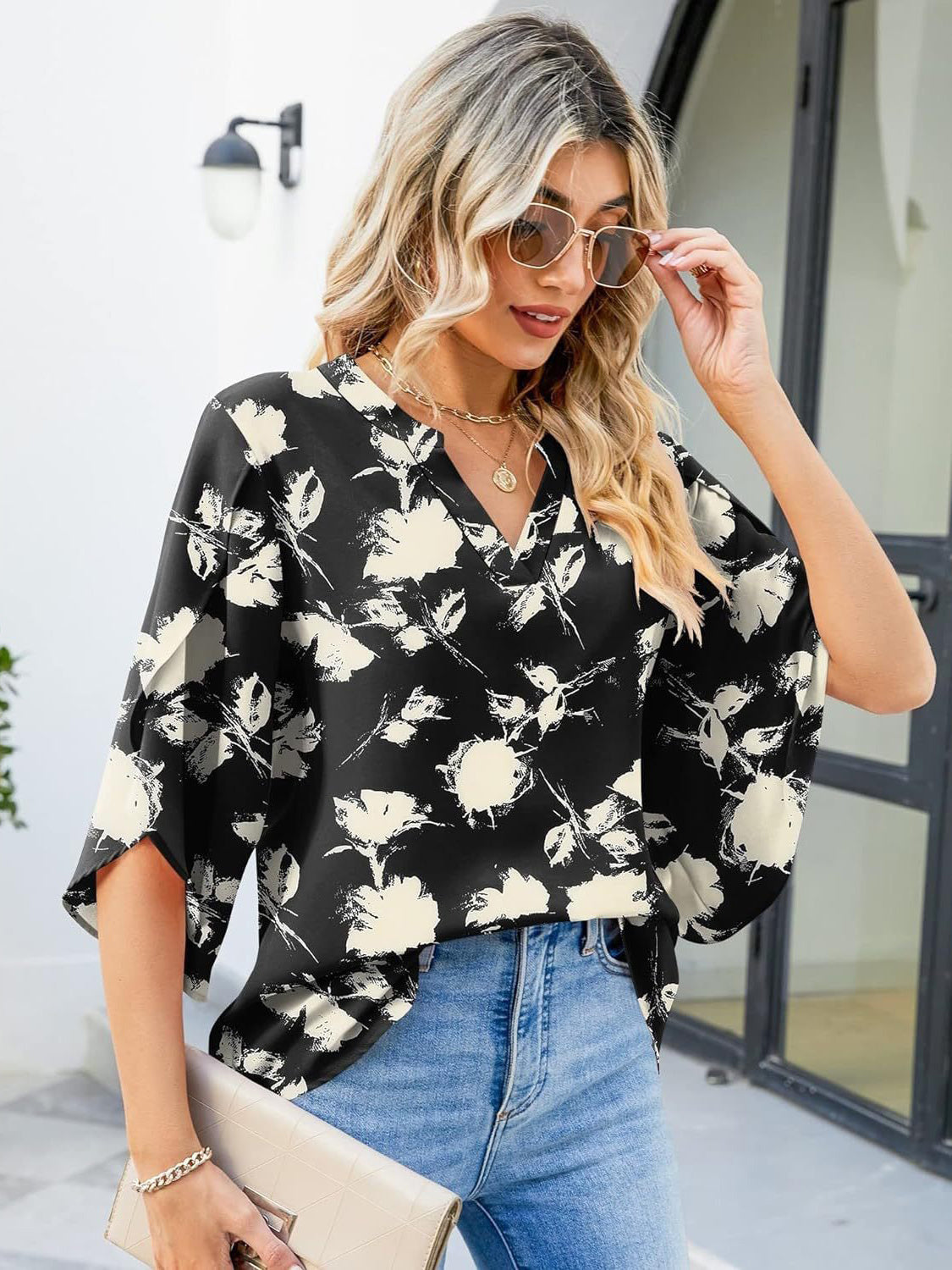 Printed Notched Half Sleeve Blouse - Charming Charlie
