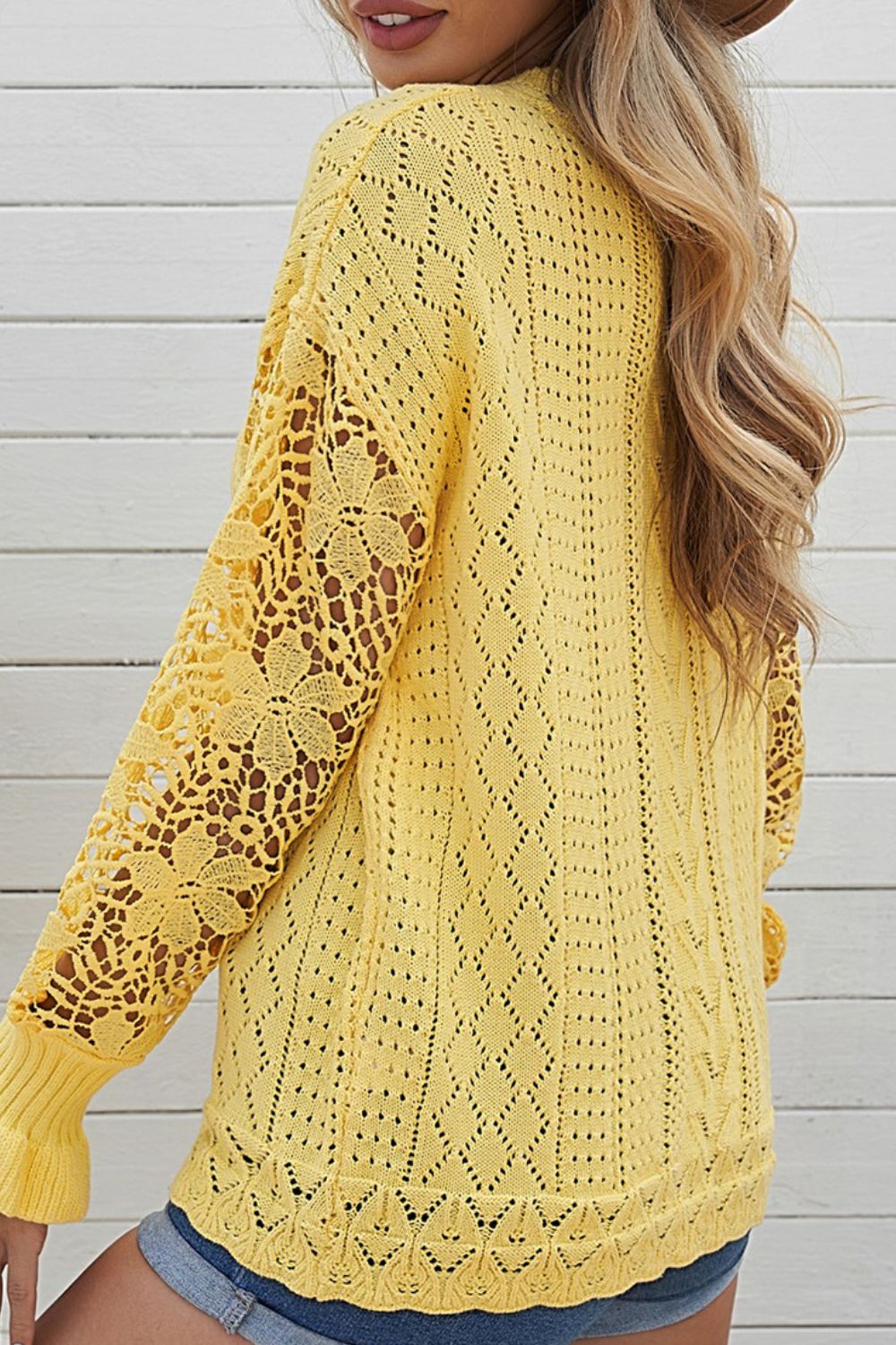 Openwork Round Neck Long Sleeve Sweater - Charming Charlie