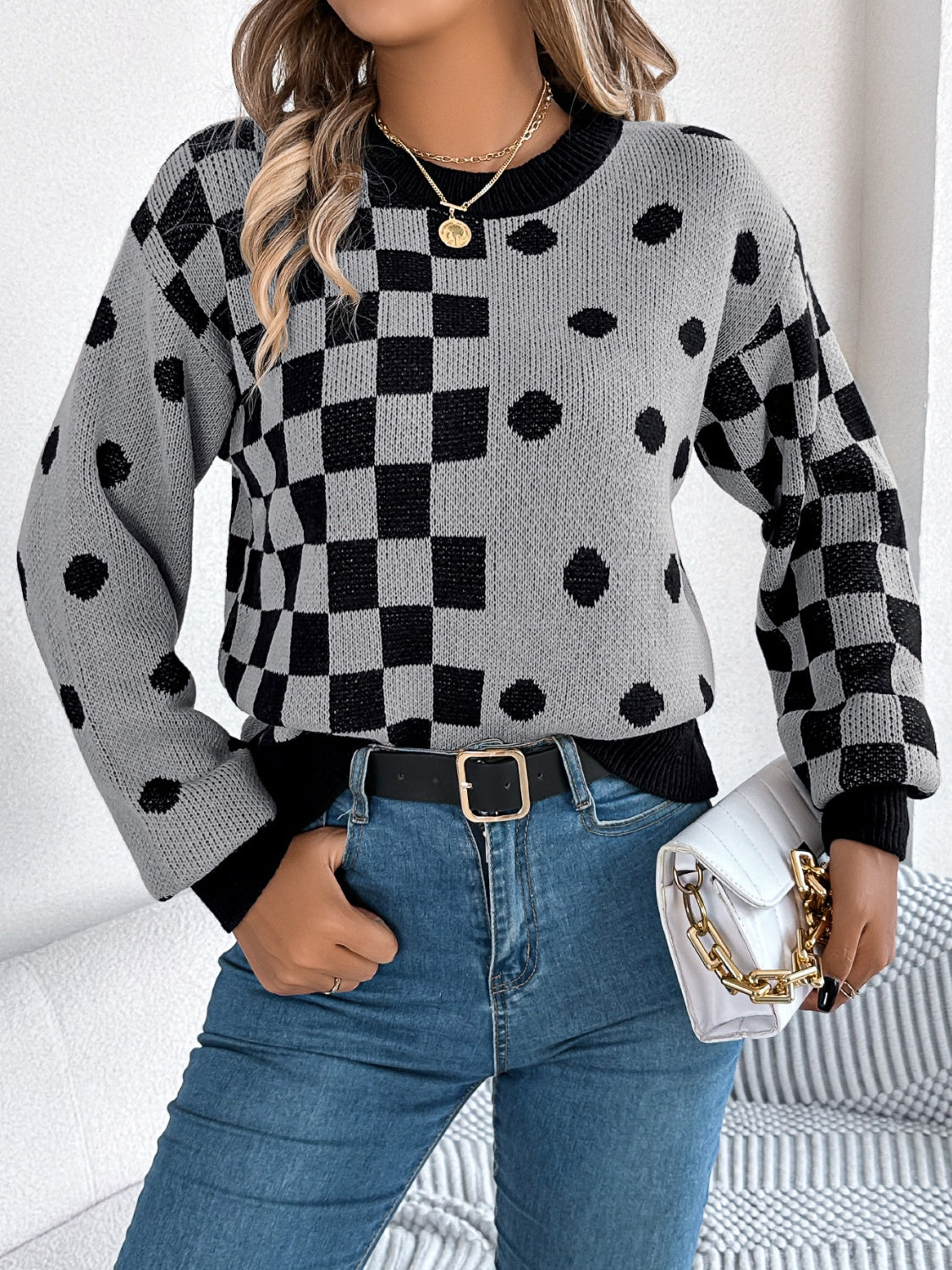 Plaid Round Neck Long Sleeve Sweater - Charming Charlie