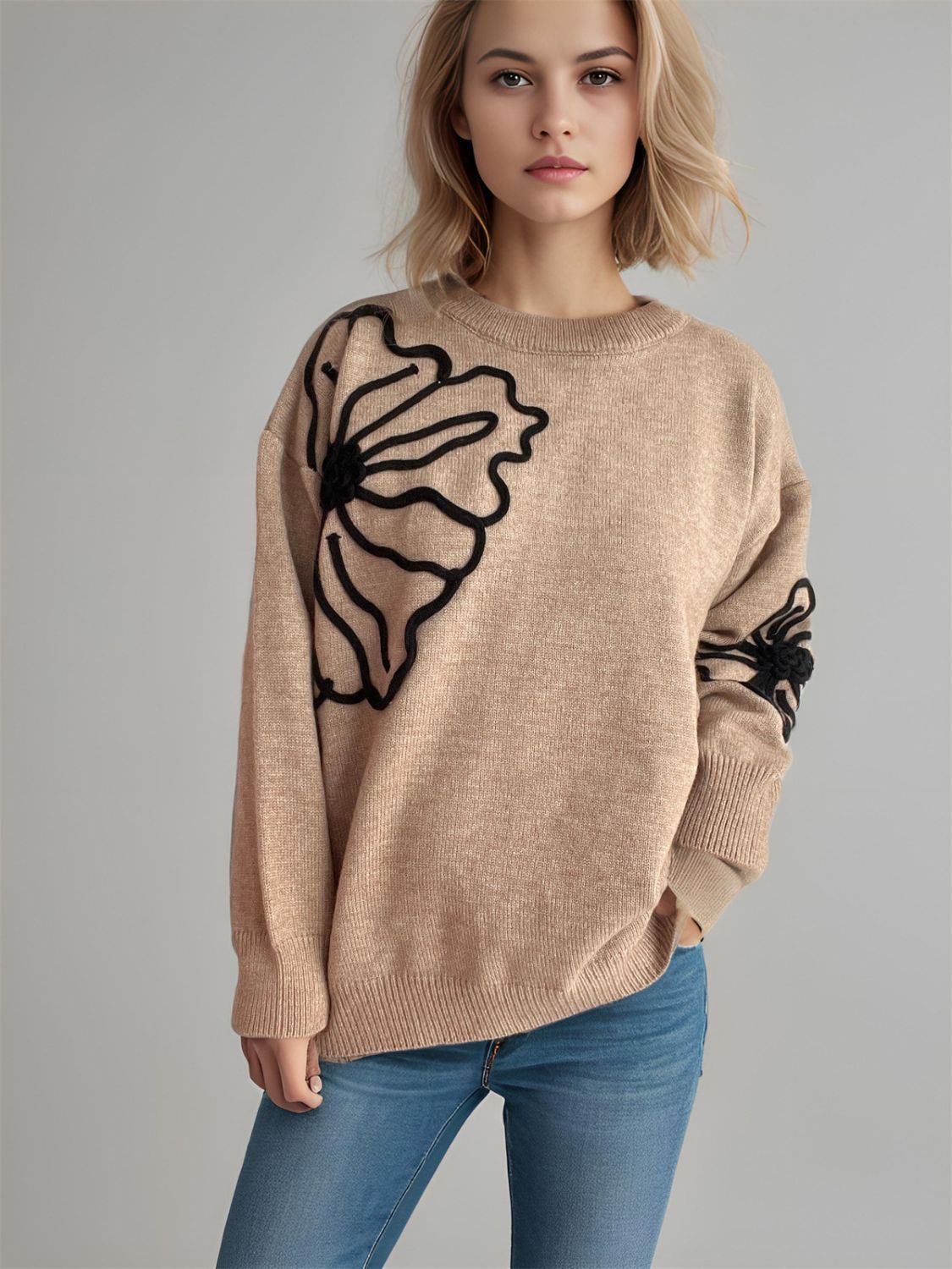 Flower Round Neck Long Sleeve Sweater - Charming Charlie