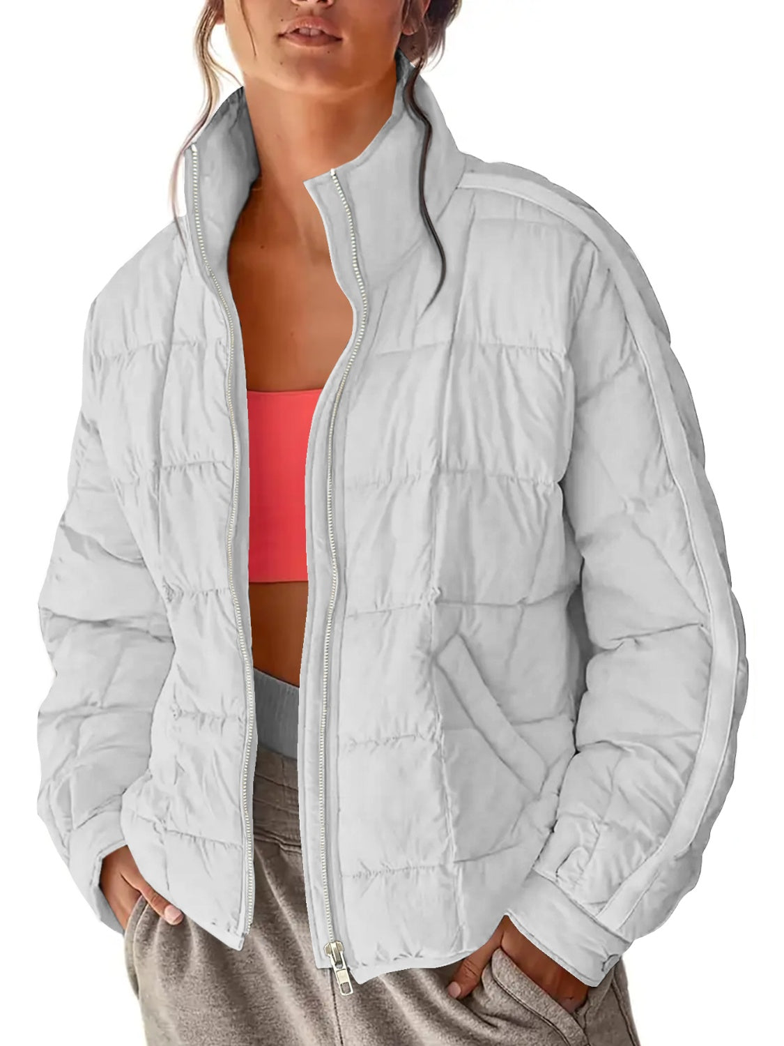 Pocketed Plaid Quilted Zip Up Winter Coat - Charming Charlie