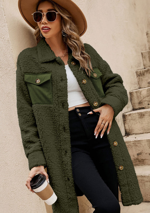 Collared Neck Long Sleeve Longline Teddy Jacket - Charming Charlie