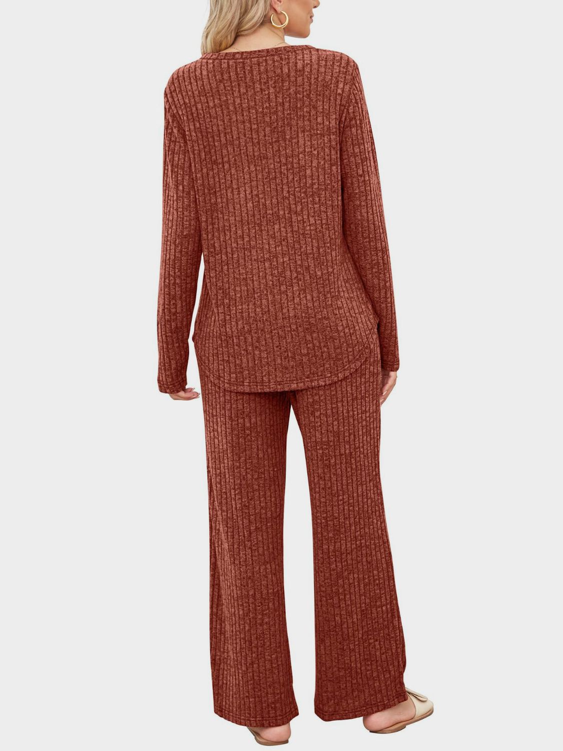 Round Neck Long Sleeve Top and Pants Set - Charming Charlie