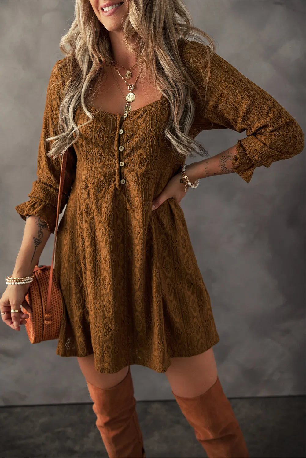 Textured Square Neck Mini Dress - Charming Charlie