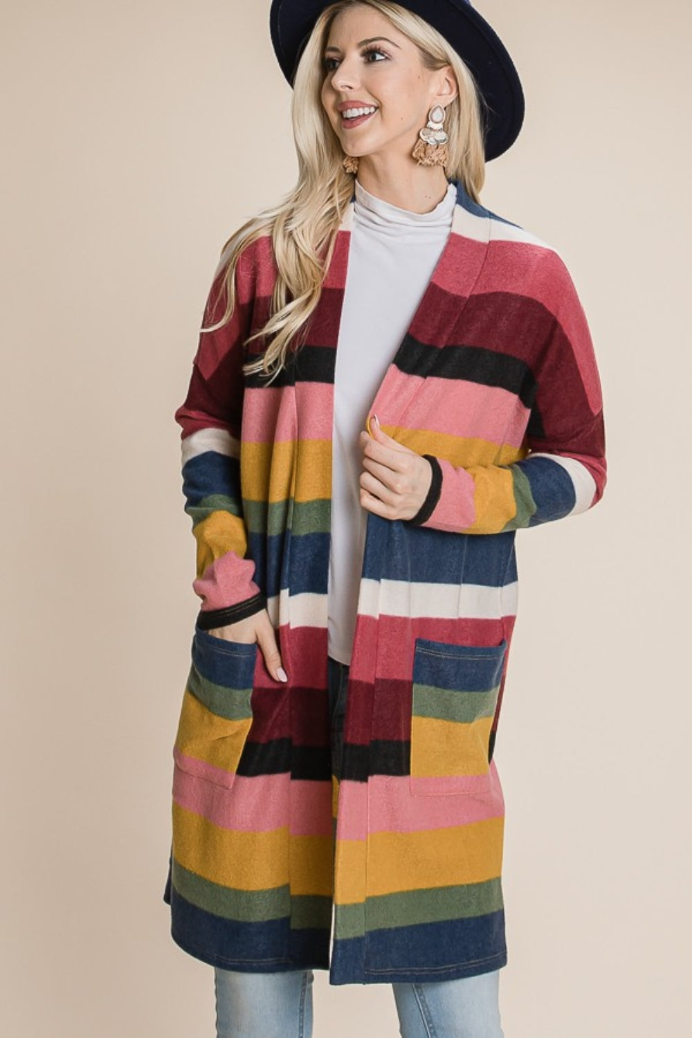 BOMBOM Color Block Striped Open Front Cardigan - Charming Charlie