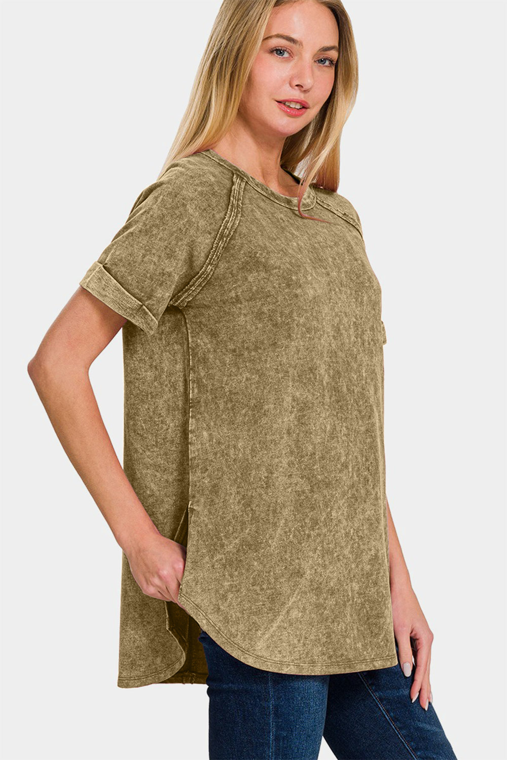 Zenana Heathered Round Neck Short Sleeve Top - Charming Charlie