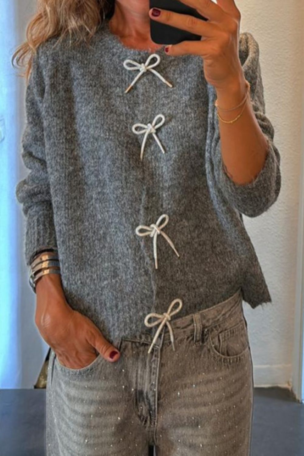 Bow Round Neck Long Sleeve Cardigan - Charming Charlie