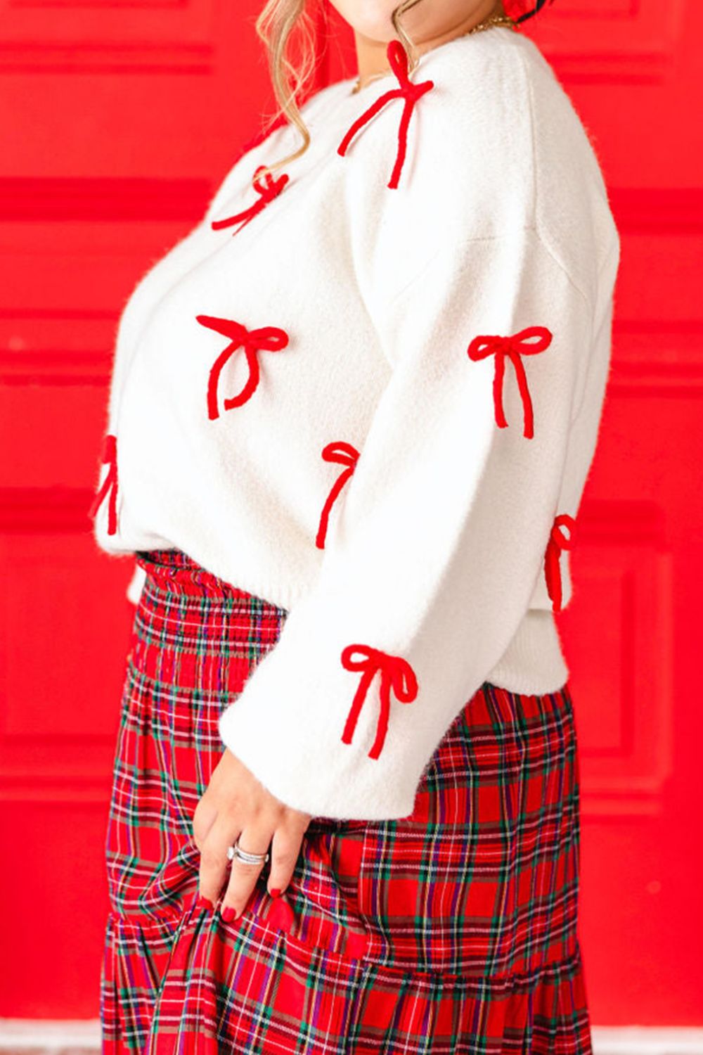 Bow Trim Round Neck Long Sleeve Sweater - Charming Charlie