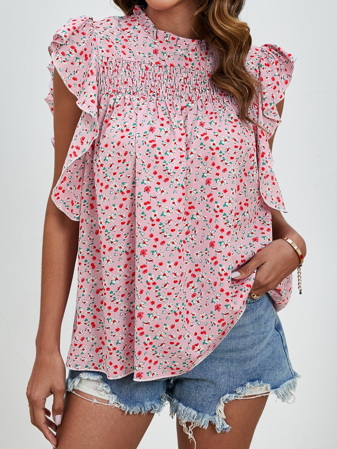Ruffled Ditsy Floral Mock Neck Cap Sleeve Blouse - Charming Charlie