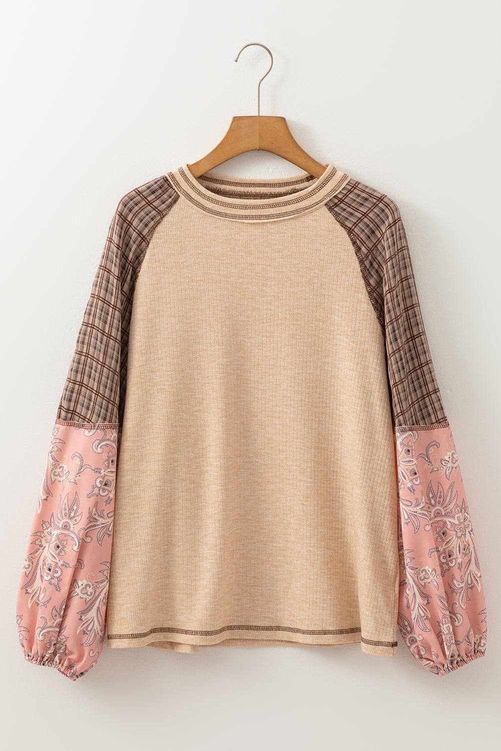 Plaid Floral Patchwork Round Neck Long Sleeve Top - Charming Charlie