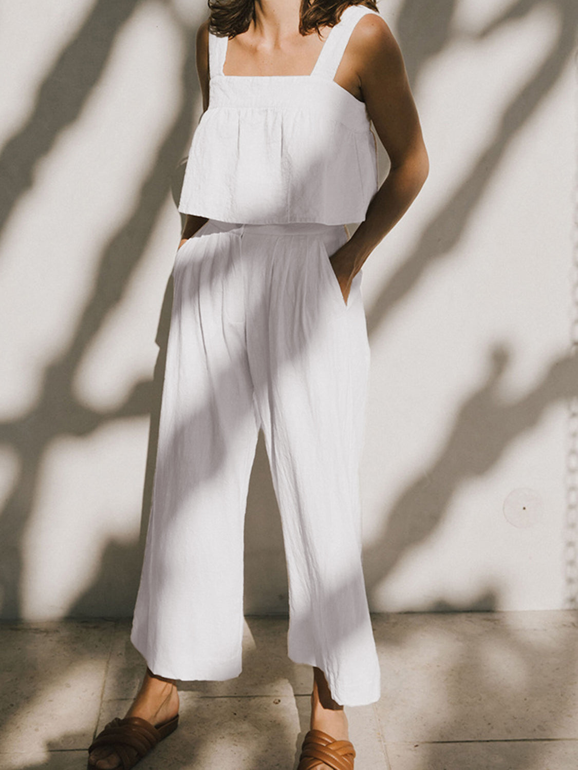 Square Neck Wide Strap Top and Pants Set - Charming Charlie