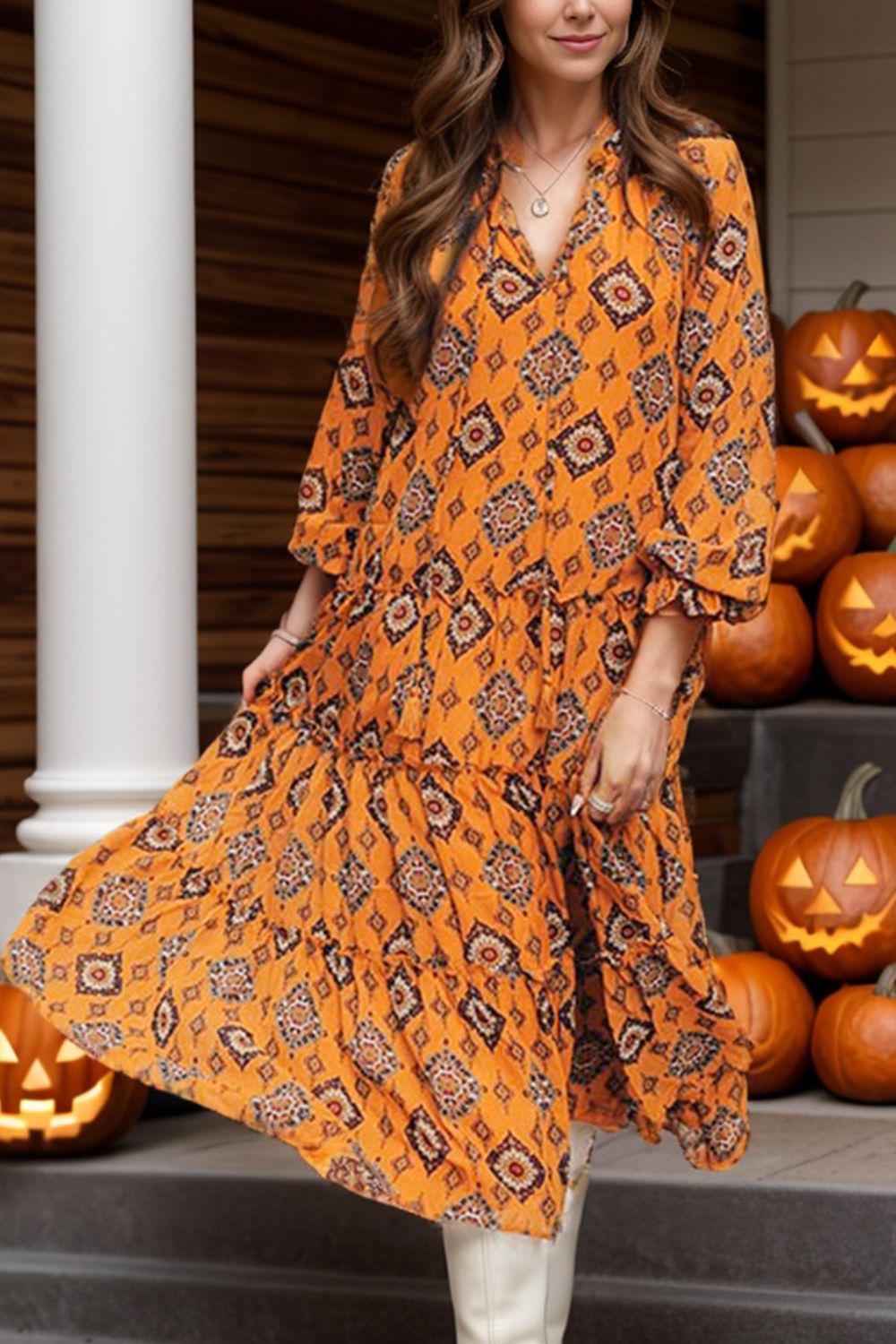 Frill Printed Tie Neck Long Sleeve Dress - Charming Charlie