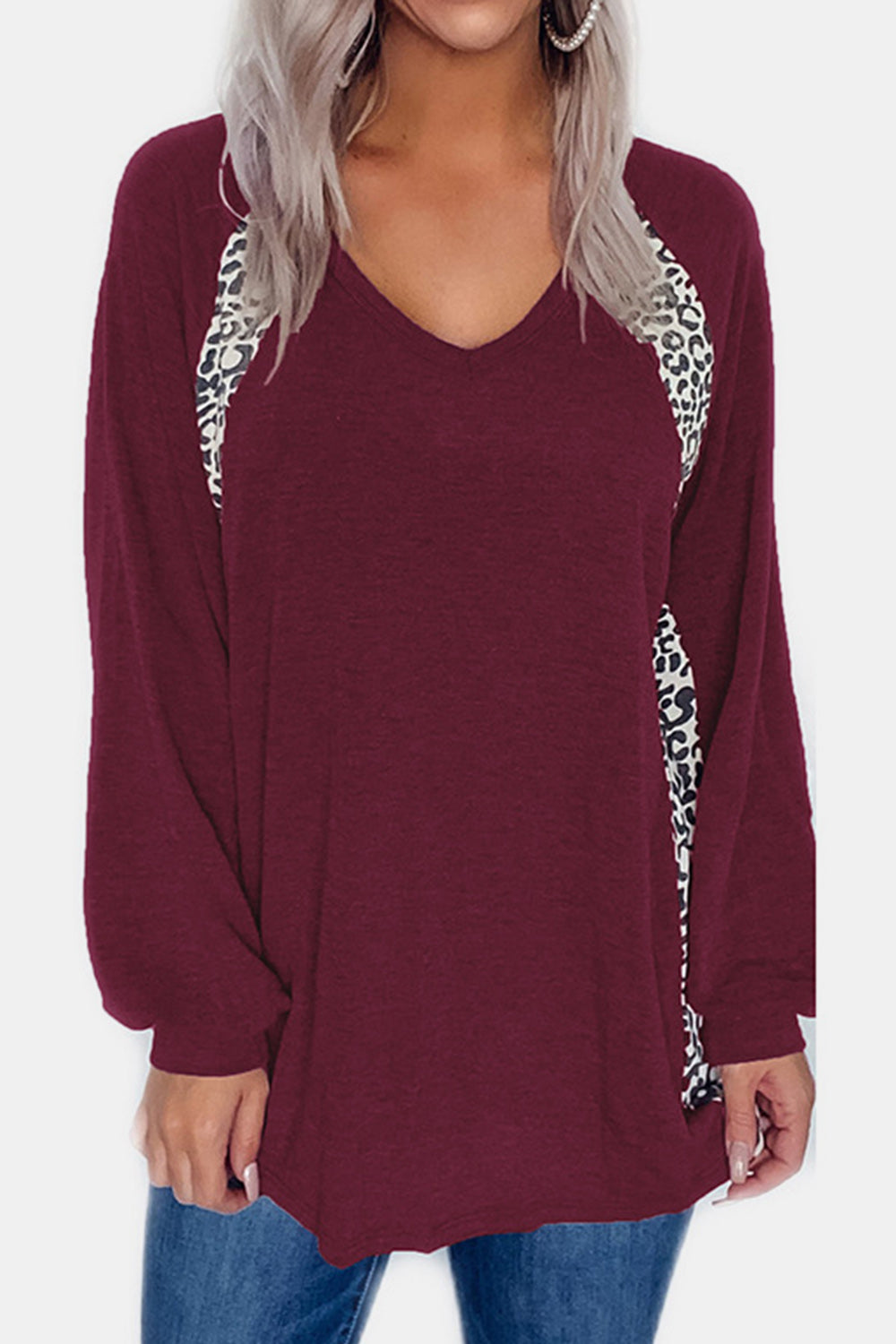 Full Size Leopard V-Neck Long Sleeve T-Shirt - Charming Charlie