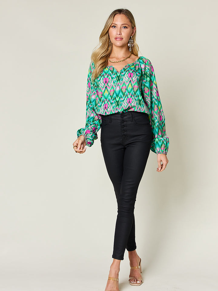 Double Take Full Size Printed Balloon Sleeve Blouse - Charming Charlie