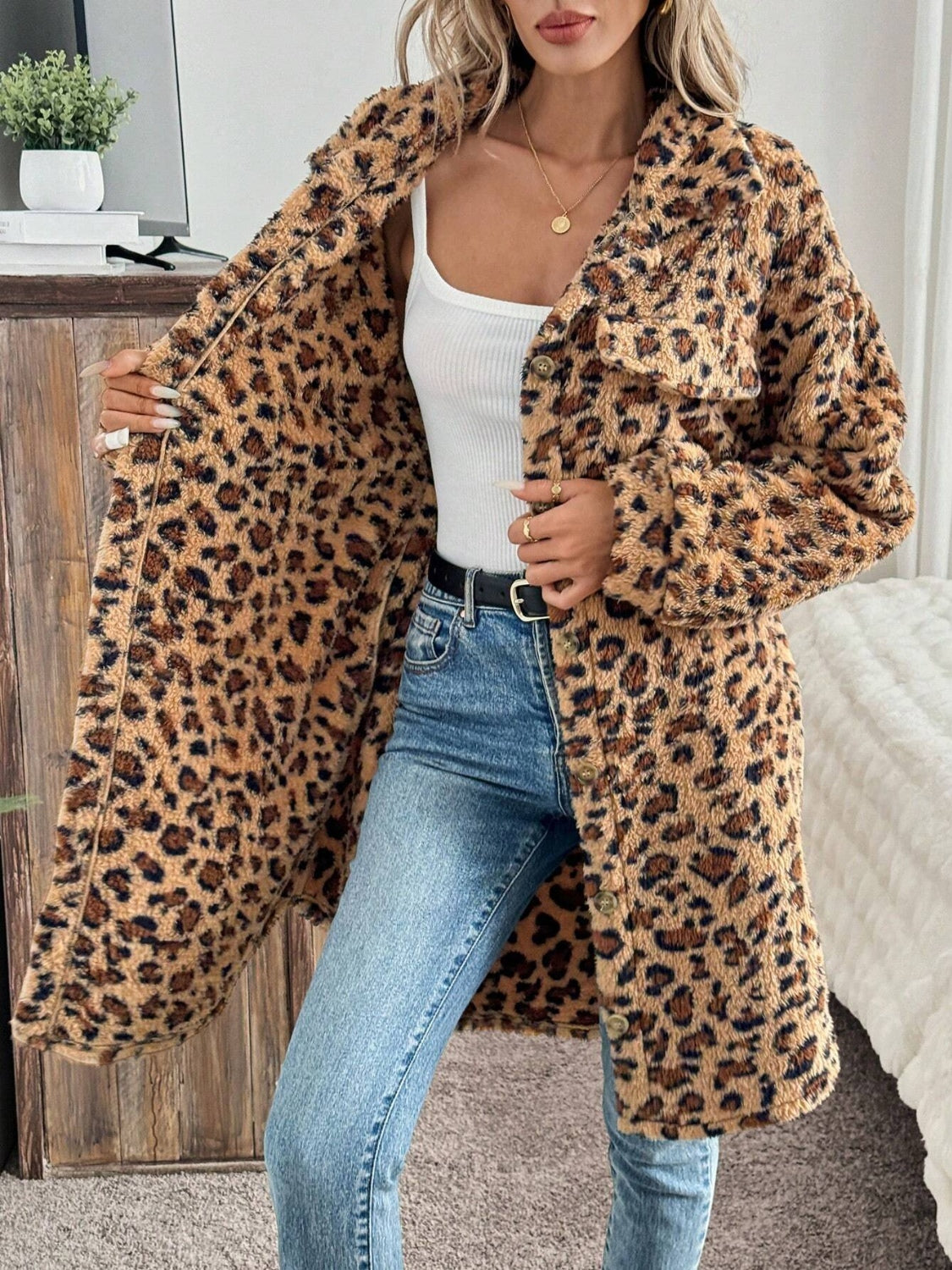 Leopard Button Up Long Sleeve Fuzzy Coat - Charming Charlie