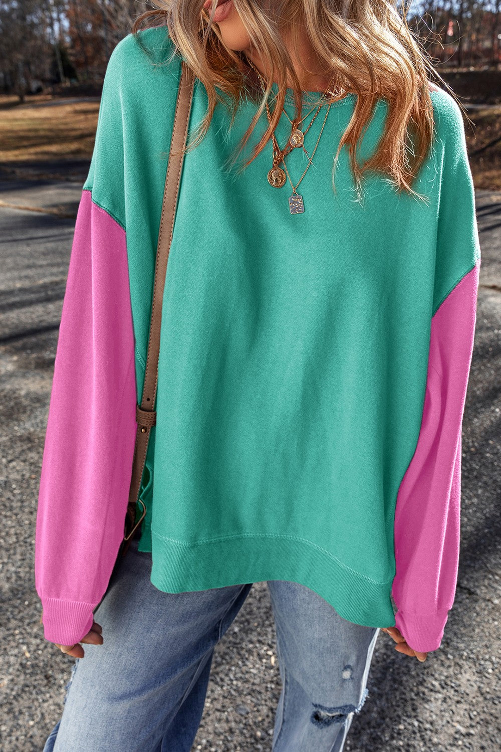 Contrast Round Neck Long Sleeve Sweatshirt - Charming Charlie