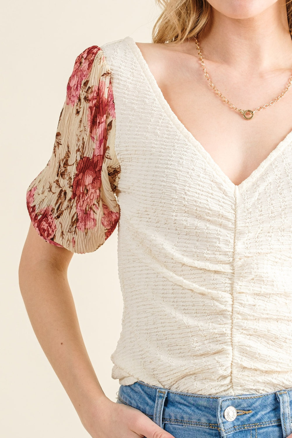 And The Why Full Size Floral Print Textured Sleeve Knit Top - Charming Charlie
